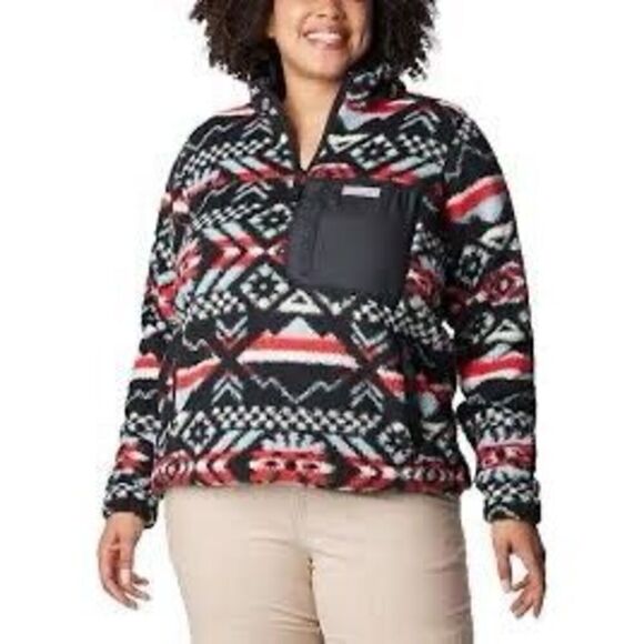 Columbia Women's L West Bend 1/4 Zip Fuzzy Pullover Red Black Faire Isle Ski New - Picture 1 of 16